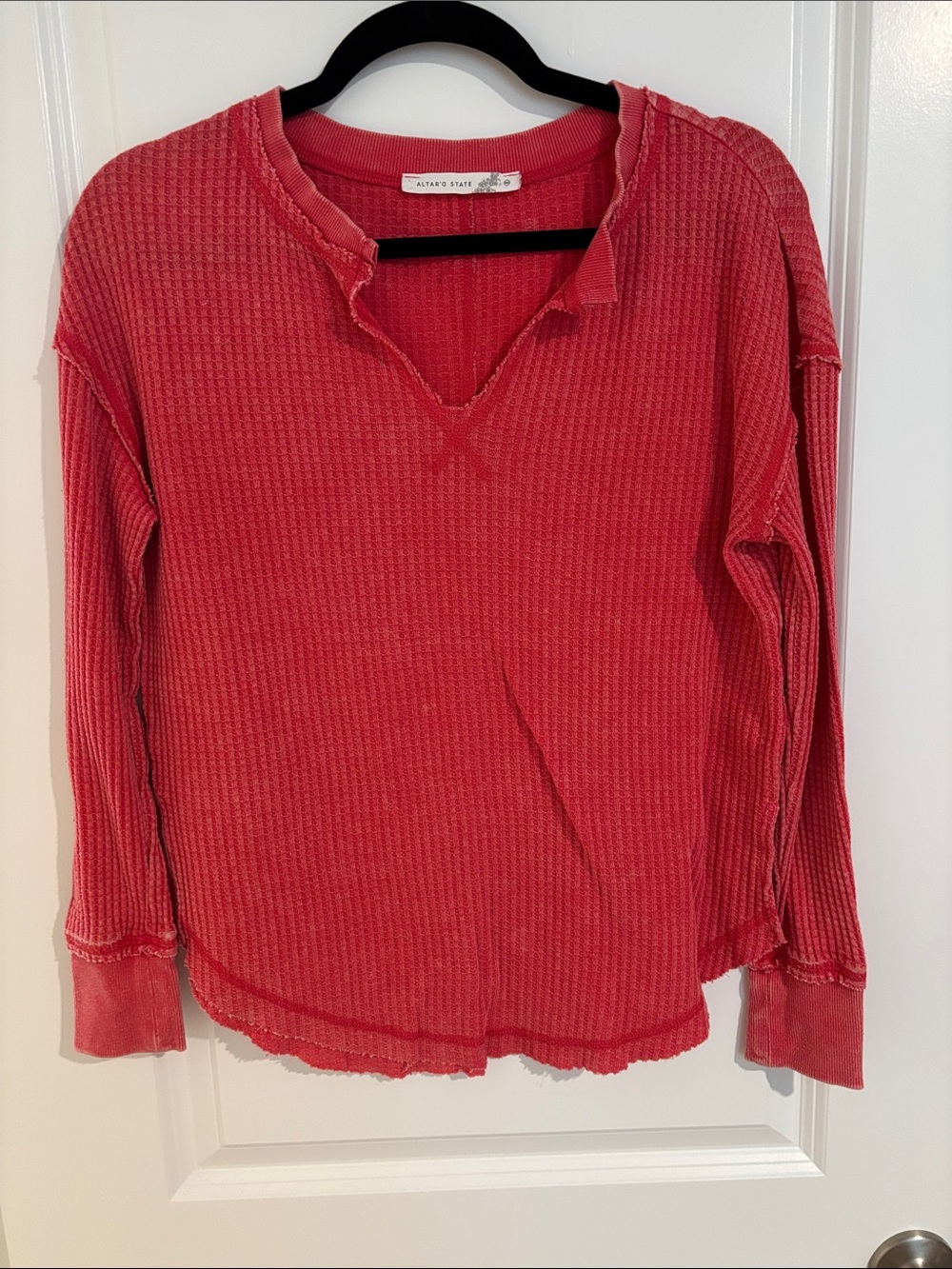 Altar'd State Red Waffle-Knit V-Notch Long Sleeve Top